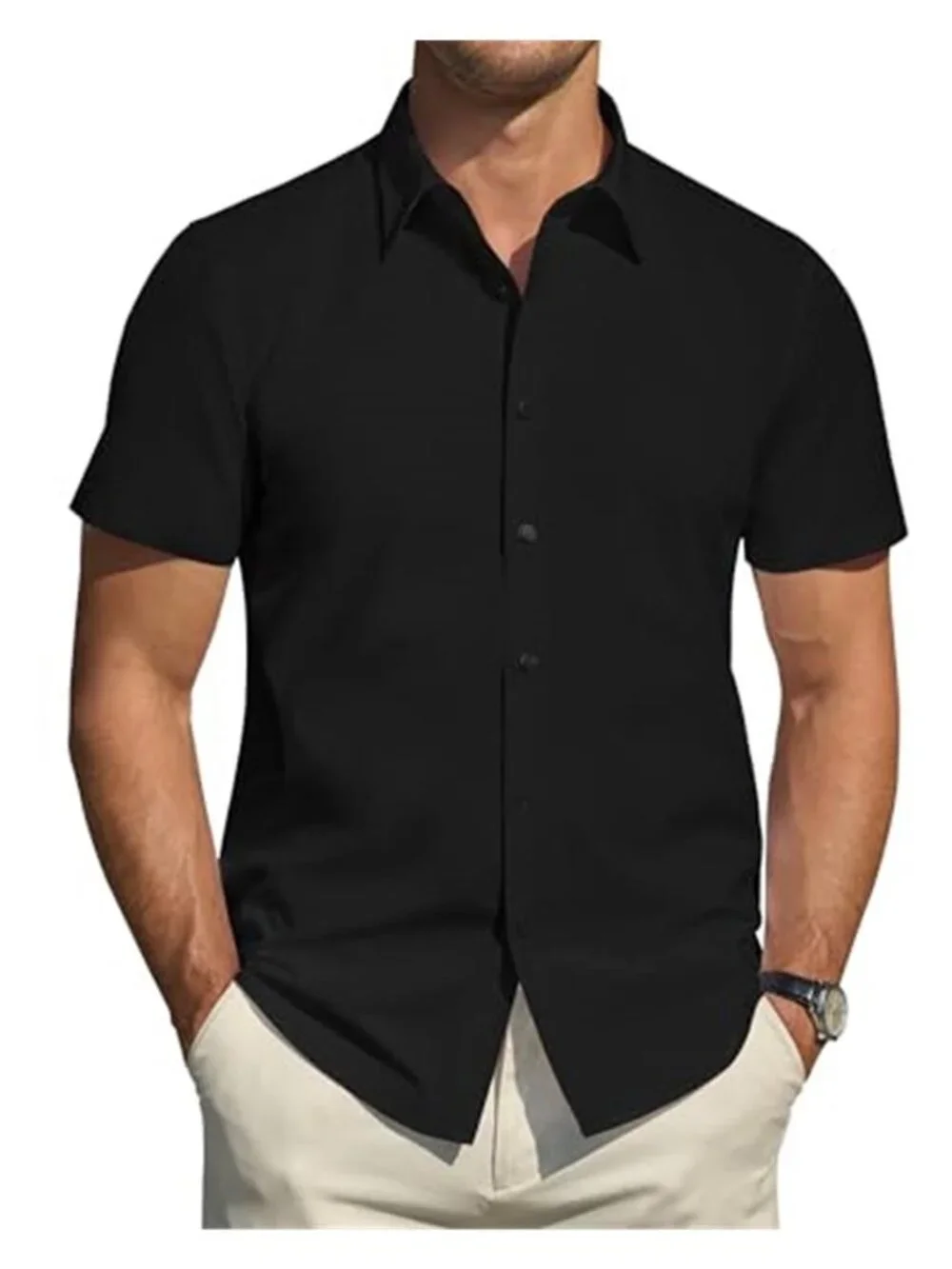 Mens Short Sleeve Dress Shirt Button Down Stain Resistant Stretch Casual Office